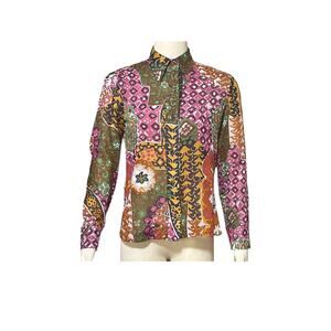 1960s Ann Fogarty Floral Paisley Cotton Button Down Long Sleeve Blouse Size 10
